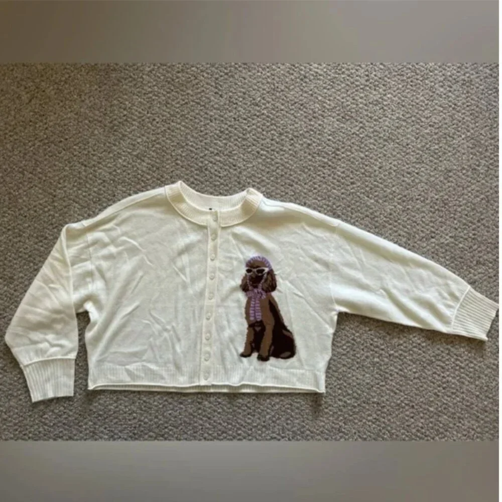 Anthropologie The Goldie Crew Neck Cashmere Blend Dog Cardigan Sweater S - Picture 5 of 10